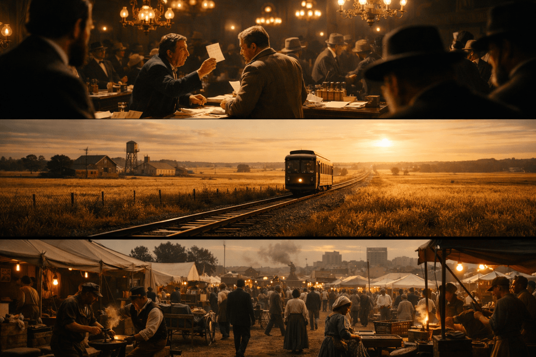 Three-panel historical image showing a tense 1899 political convention hall, a rural rail line crossing farmland at sunset, and a crowded improvised fairground with tents and livestock in a Midwestern city.